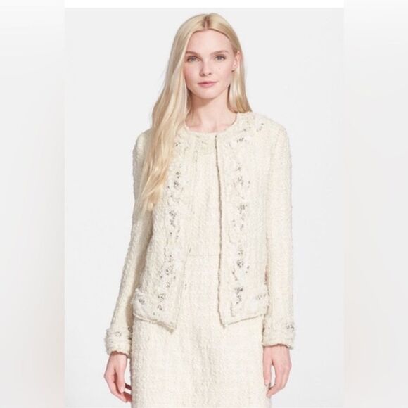 Alice + Olivia Nilla Cream Embellished Tweed Fringe Beaded Trim Boxy Cut Jacket - Picture 1 of 14